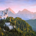 Large white castle surrounded by trees