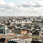 City skyline with a mixture of modern and traditional buildings