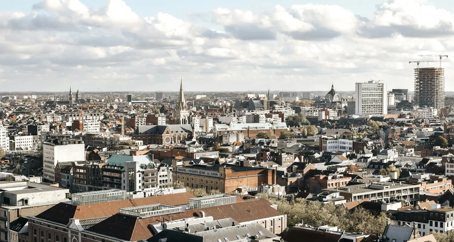 City skyline with a mixture of modern and traditional buildings