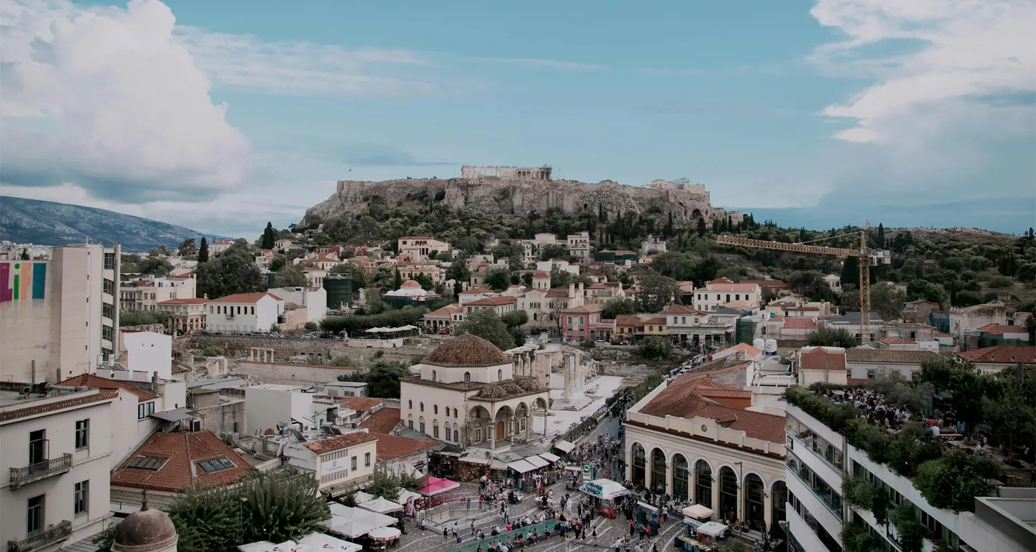 View of a city with brown and white buildings