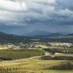 Rolling hills and grassy fields.