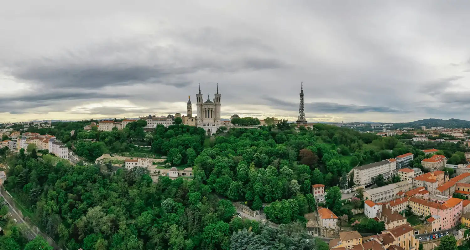 City skyline with lots of buildings and trees