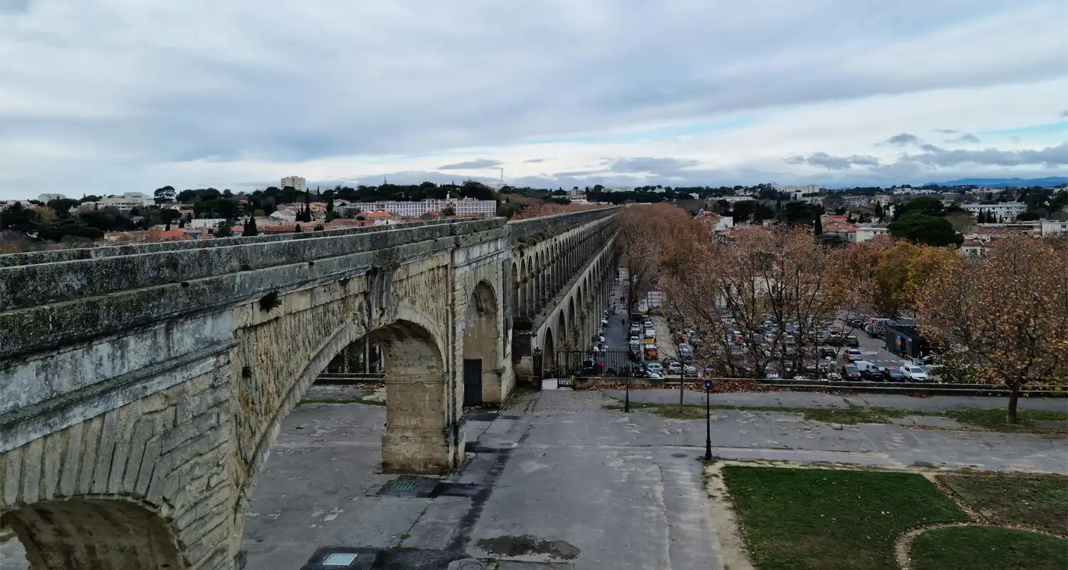 Large bridge going through a town