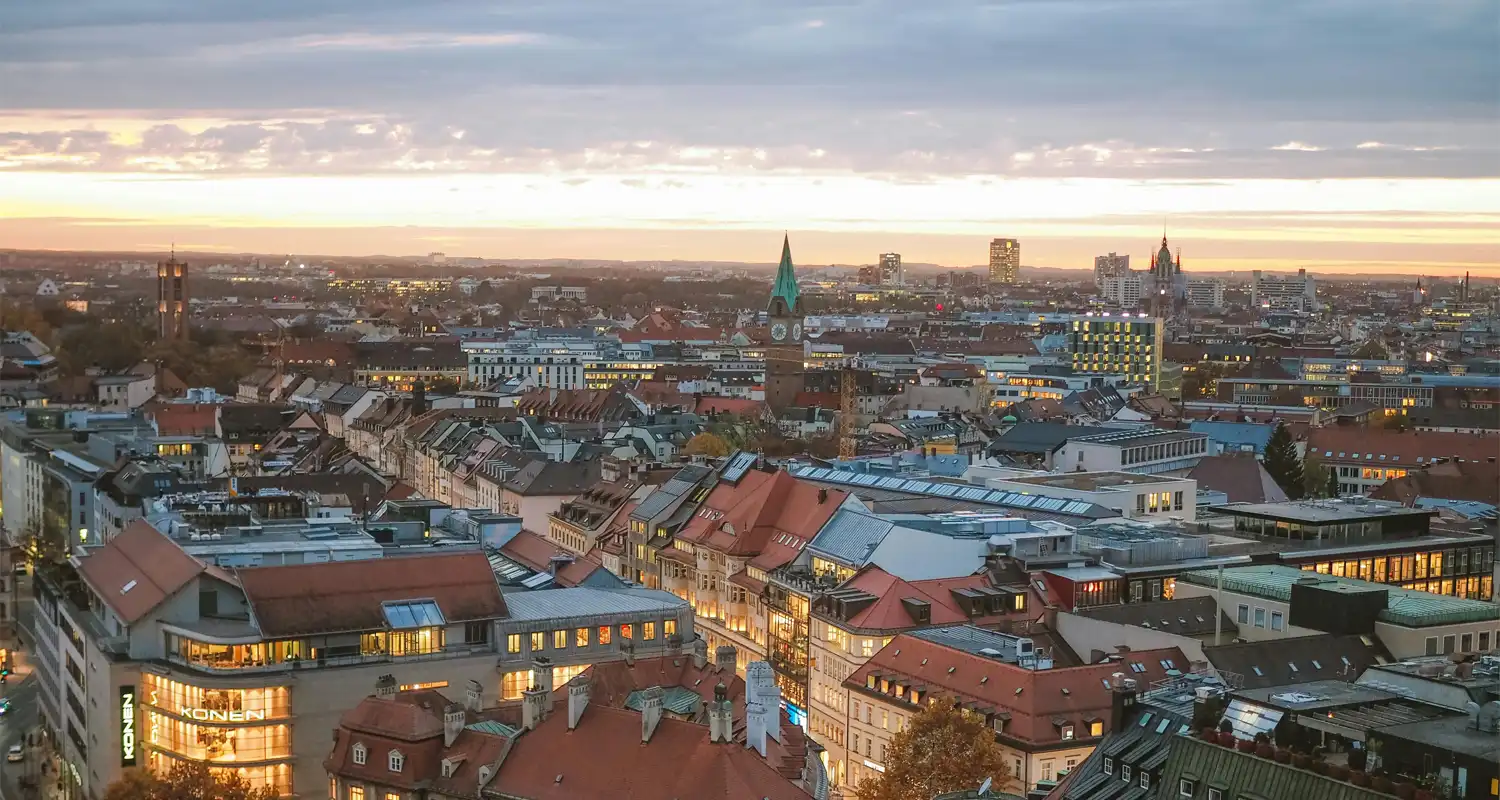 Skyline view of Munich at dusk