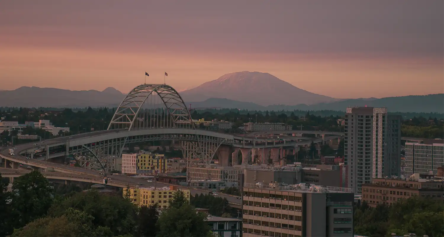 Image of a mountain behind a bridge and cityscape