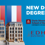 Image of three buildings in front of the US, Belgium and France flags, with text promoting double degrees at Vlerick