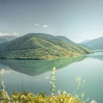 Tree covered mountains with a large lake below them