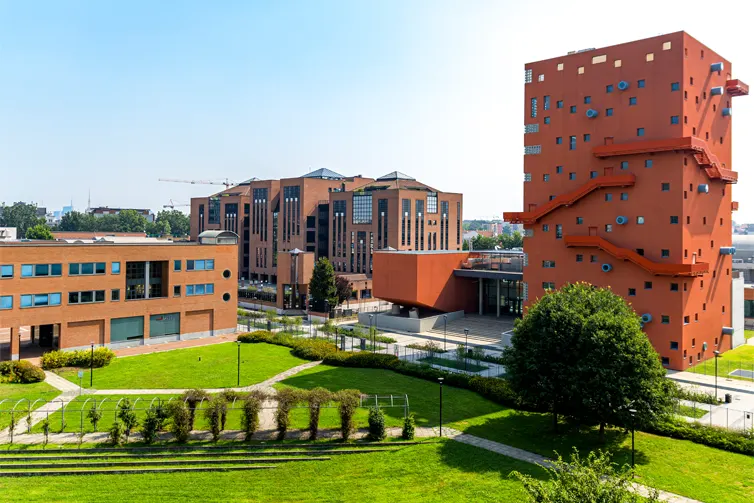 Red brick buildings with large windows surrounding a green space with trees on it