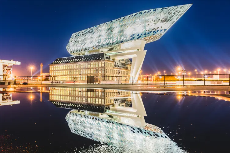 Large building at night with all the lights on