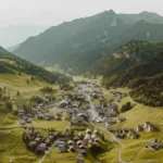 Mountain range in the background with a village in the valley in the foreground