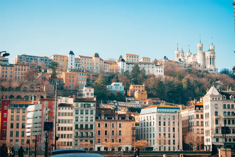 Buildings with greenery between them and large cathedral building in the background