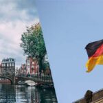 Composite picture of a canal and a German flag