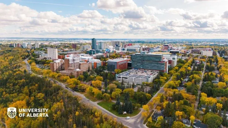 City skyline with green spaces and trees