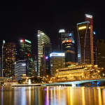 A city skyline at night