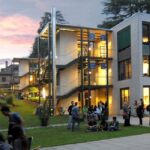 Students standing and sitting around tables outside of a big white and glass building